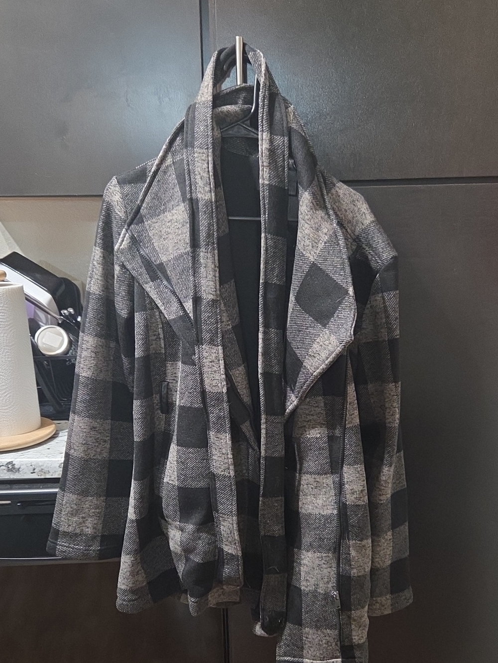 Men's Black & Gray Plaid Open Front Coat